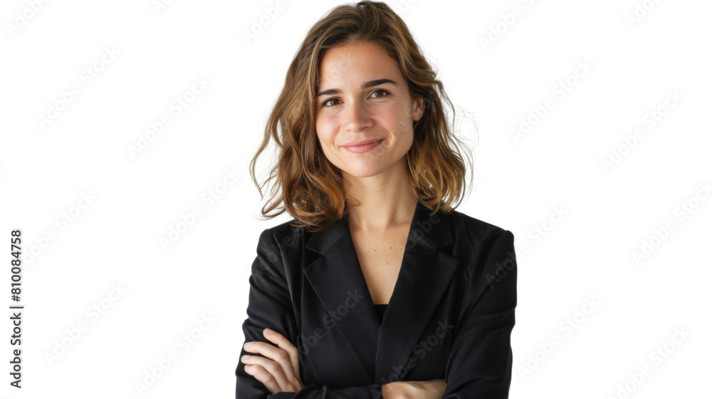 Young handsome caucasian woman with crossed arms looking at the camera. Positive Successful businesswoman, isolated on white transparent background Young handsome caucasian woman with crossed arms looking at the camera. Positive Successful businesswoman, isolated on white transparent background