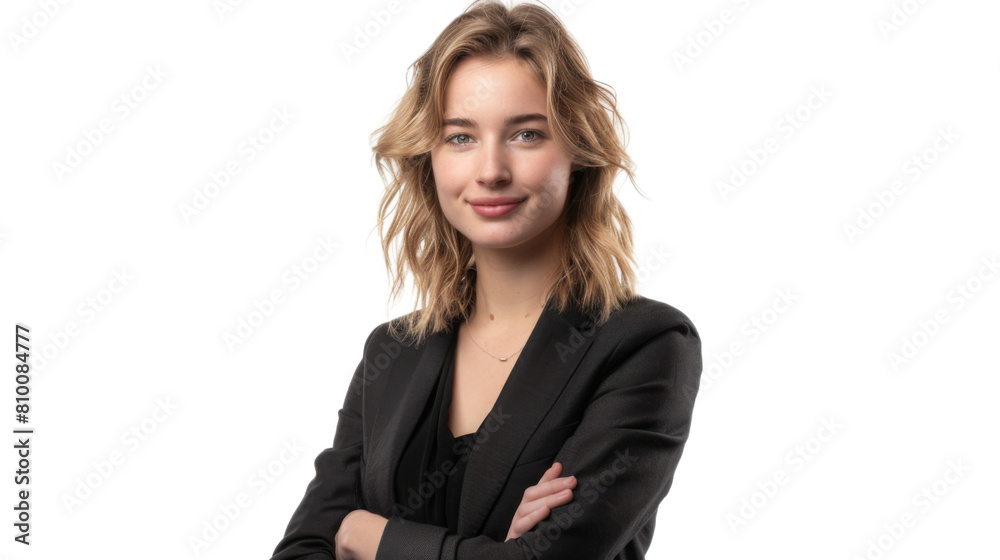 Young handsome caucasian woman with crossed arms looking at the camera. Positive Successful businesswoman, isolated on white transparent background Young handsome caucasian woman with crossed arms looking at the camera. Positive Successful businesswoman, isolated on white transparent background