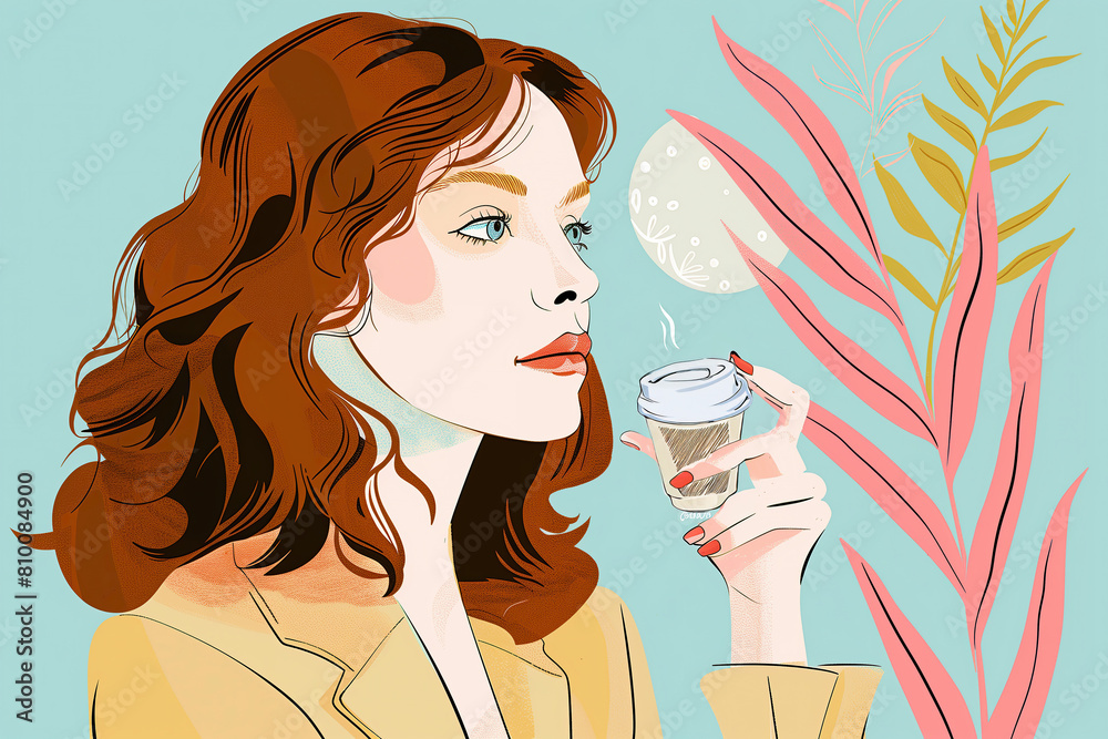 A painting of a woman standing while holding a cup of coffee A painting of a woman standing while holding a cup of coffee