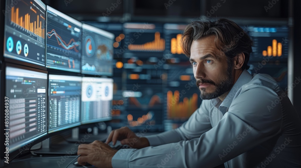 A digital traffic manager at work, focusing on a computer screen displaying analytics and social media ad campaigns. The background features a modern office and charts of data analysis. Generative AI. A digital traffic manager at work, focusing on a computer screen displaying analytics and social media ad campaigns. The background features a modern office and charts of data analysis. Generative AI.