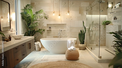 Luxury Bathroom Retreat: Soaking Tub, Rainfall Shower, Zen Ambiance photo