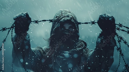 Mysterious figure in hood holding barbed wire in the rain photo