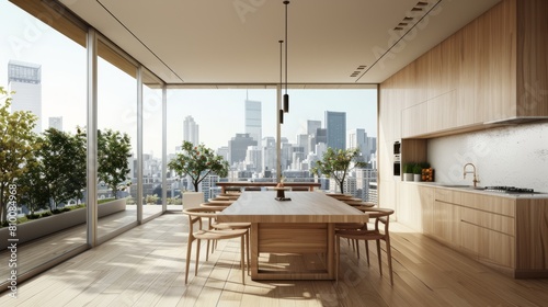 Modern kitchen interior with dining area on a cityscape background, showcasing wooden furniture and minimalist design, concept of urban home. 3D Rendering hyper realistic 