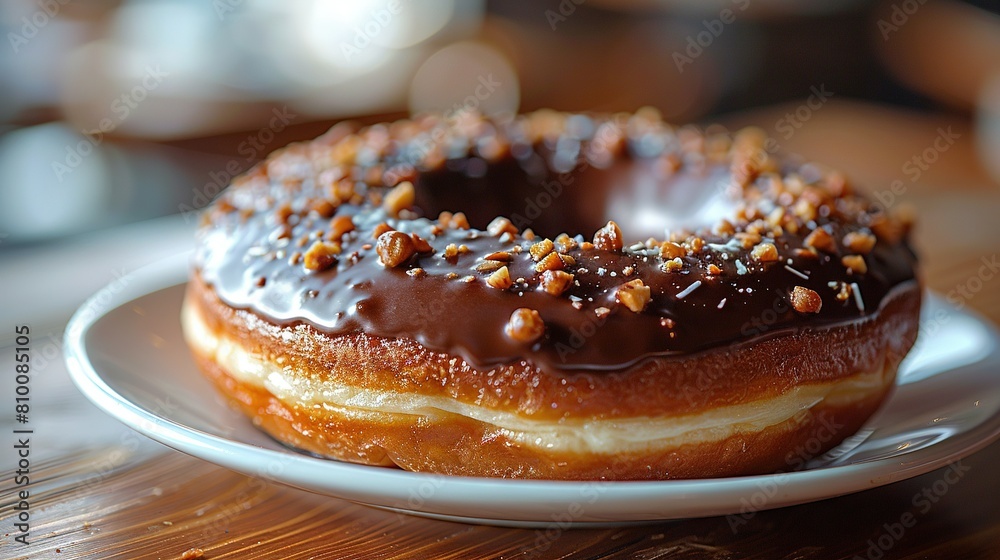 A chocolate-dipped donut rests atop a white platter atop a wood table, alongside a steaming cup of joe A chocolate-dipped donut rests atop a white platter atop a wood table, alongside a steaming cup of joe