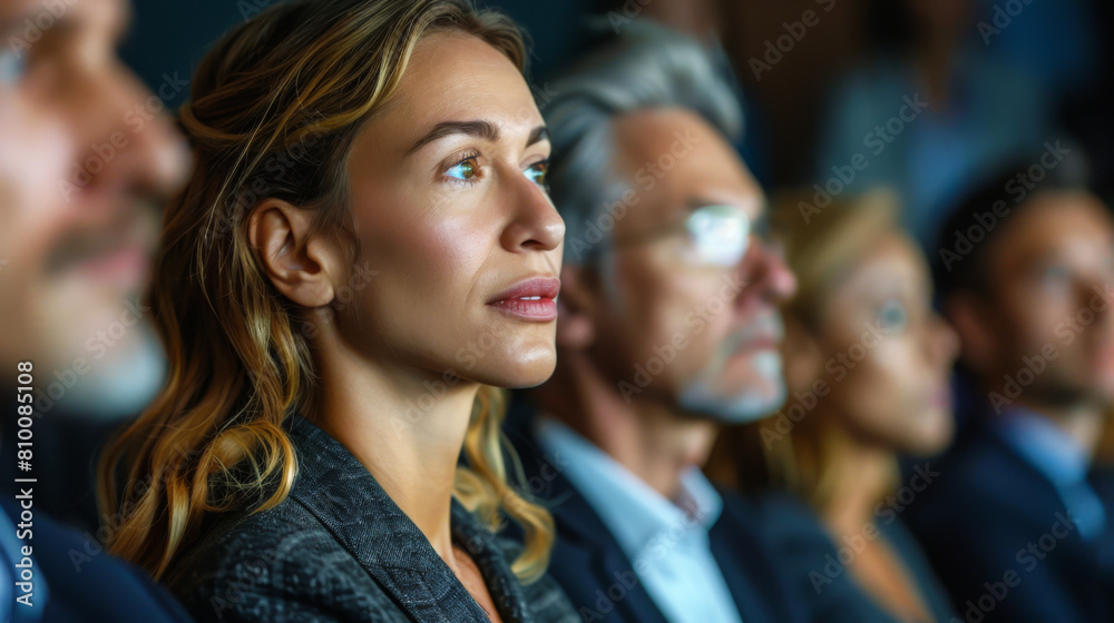 A group of colleagues in office clothes sits in a meeting room, listening to a speech. A young woman and a man listen to educational courses while working in the office.