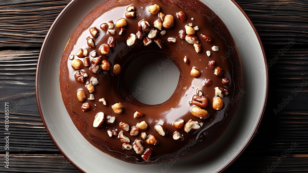 A chocolate doughnut topped with nuts sits on a white plate on a wooden table, accompanied by a spoon A chocolate doughnut topped with nuts sits on a white plate on a wooden table, accompanied by a spoon