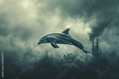 A lone dolphin against a backdrop of environmental pollution a powerful concept
