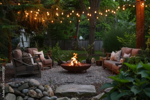 Cozy backyard evening setup with a fire pit and string lights