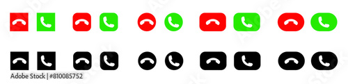 Call button icons set. Accept call, reject, green, red, black, interlocutor, communication, Set of vector flat icons.
