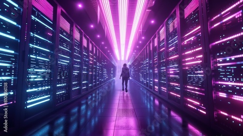 Man standing in server room of large data center. Computer engineering and big data concept