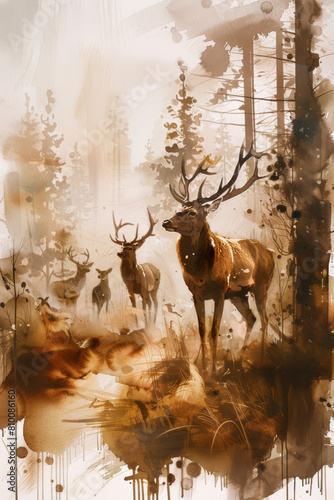 Vintage Painting of an Deer Herd  in muted colors