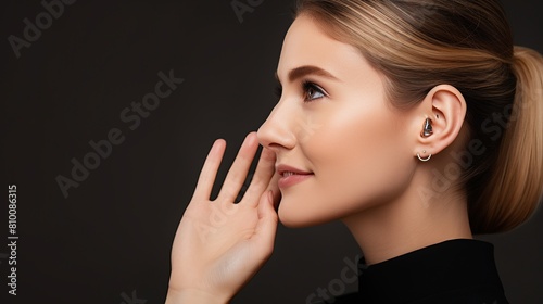 Jewelry concept. Portrait of beautiful young female model wearing silver earrings. Close-up of woman with clean skin posing  in studio background.