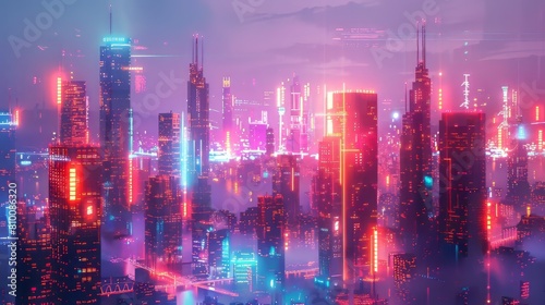Modern metropolises illuminated by the vibrant glow of neon lights, contrasting beautifully with a blank white background