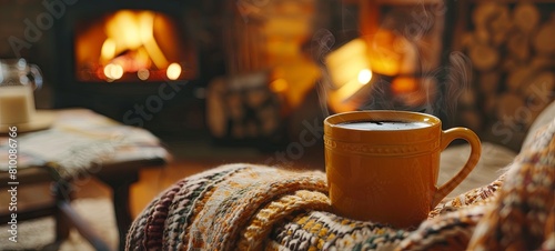 A mug of hot tea sits on a chair with a wool blanket in a cozy living room with a fireplace. Cozy winter day. 