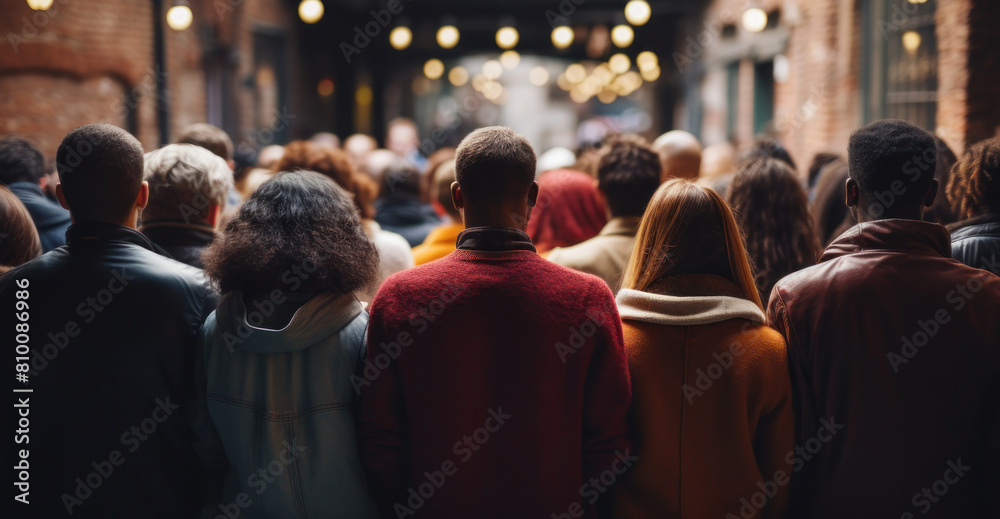 Back View Of Crowd On City Street. Gathering Of Diverse Individuals In Urban Environment. Generative AI
