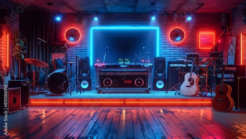 music studio with neon lights, musical instruments and sound equipment arranged in the center of an empty room. Seamless looping 4k time-lapse video animation background  photo