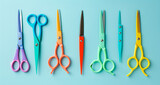 Set of Different Colorful Scissors on Light Blue Background