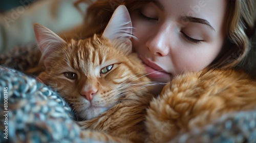 A close up of a cute cat cuddling in blankets with their human companion. 