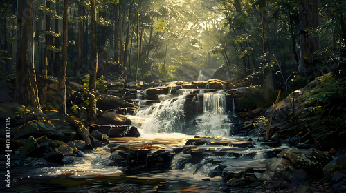 Dynamic view of a rocky creek cascading down a rugged terrain  splashes of water catching the light in a dense forest setting