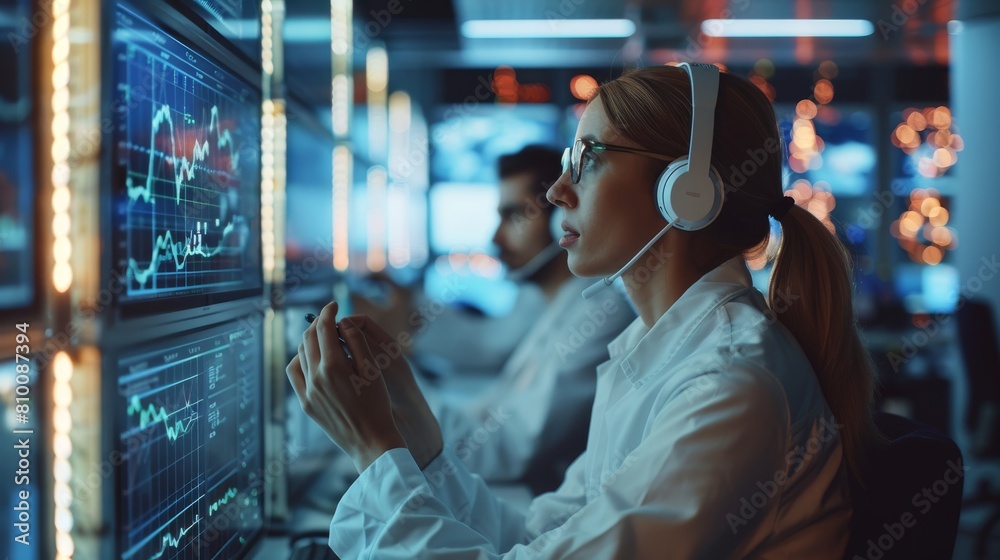 Male and female engineers frantically attempting to resolve a crisis in an IT operations room. Generative AI. Male and female engineers frantically attempting to resolve a crisis in an IT operations room. Generative AI.