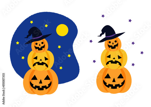 3段重なった魔女の帽子を被った可愛いハロウィンのかぼちゃのイラストセット