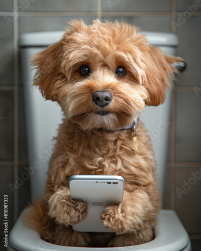 A small brown dog sitting on a toilet and holding a cell phone in its paws.