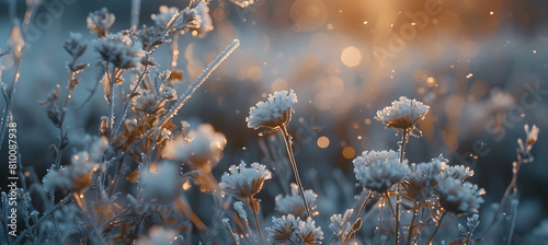 Early morning frost clinging to wildflowers in a permafrost area, with ultra HD clarity focusing on the ice crystals and the delicate petals photo