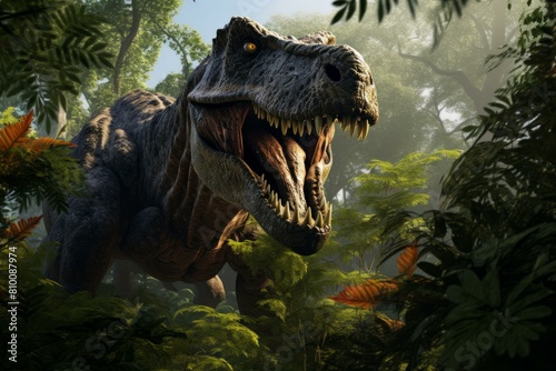 Realistic depiction of a t-rex dinosaur showcasing its power among verdant foliage © juliars