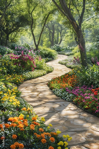A stone path winds through a lush garden filled with colorful flowers.