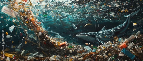 A pod of whales swims through a sea of plastic trash photo