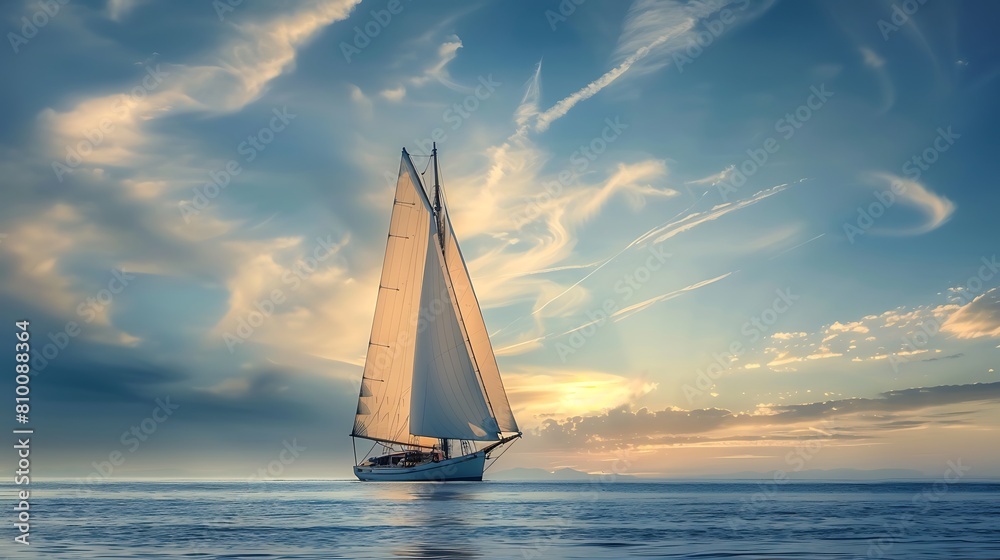 a sailboat gracefully gliding across the open expanse of the ocean, its billowing sails catching the gentle breeze, against a backdrop of a cloudy blue sky with wispy clouds in the distance