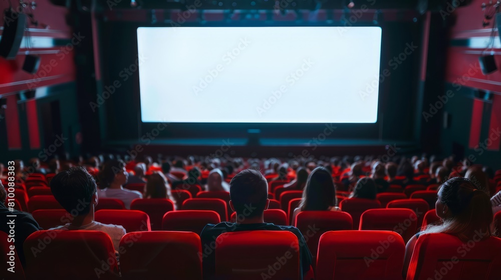 Cinema full of people watching movie , blank screen hyper realistic 