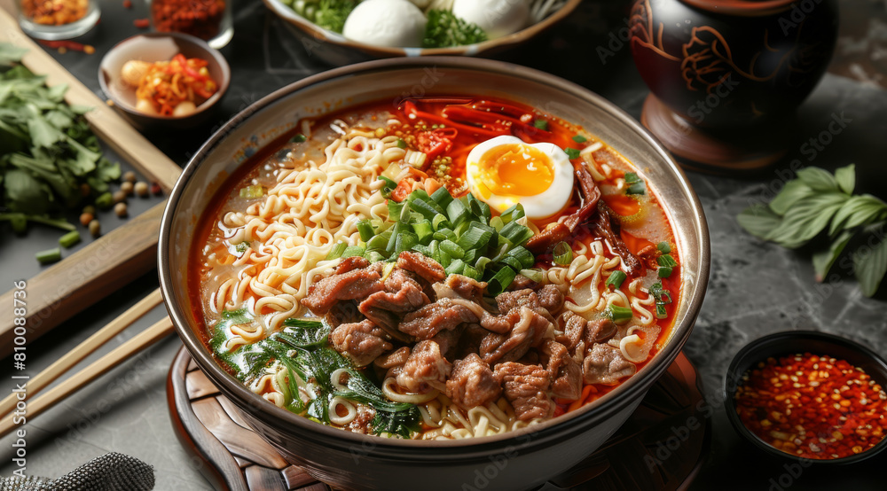 A bowl of noodles with lamb meat, white hot pot ingredients and wooden chopsticks on the table. Generative AI. A bowl of noodles with lamb meat, white hot pot ingredients and wooden chopsticks on the table. Generative AI.