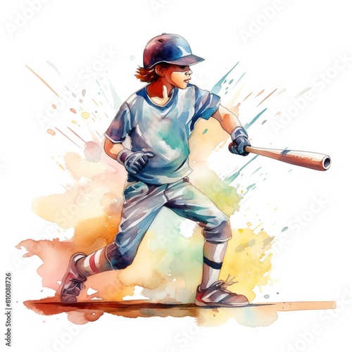 Children baseball. Baseball sport clipart. Watercolor illustration. Generative AI. Detailed illustration.