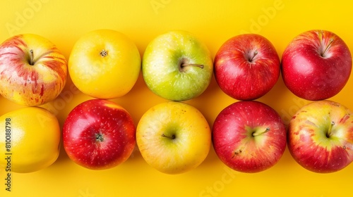   A collection of red and yellow apples arranged on a yellow tabletop against a matching background