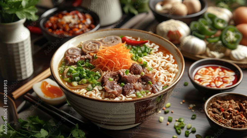 A bowl of noodles with lamb meat, white hot pot ingredients and wooden chopsticks on the table. Generative AI. A bowl of noodles with lamb meat, white hot pot ingredients and wooden chopsticks on the table. Generative AI.