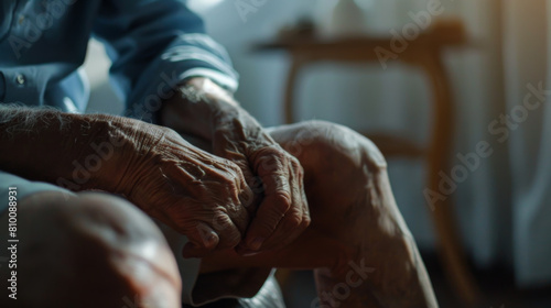 Close-up of a retired man's knees. An elderly man touches his sore knees with his hands while sitting on a chair. Medicine concept. © Alina Tymofieieva