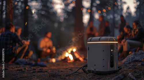Friends gathered around a crackling campfire, enjoying the evening ambiance with a radio playing softly