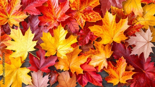   A collection of vibrant leaves atop a wooden table  adjacent to a board showcasing a red  yellow  and orange leaf