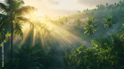 Early morning mist rising from a tropical forest, creating an ethereal atmosphere as the first rays of the sun pierce through