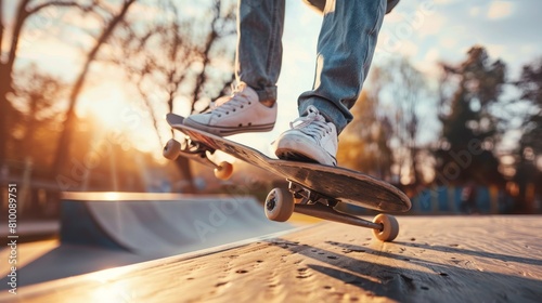 Skateboarder performing an impressive trick on a ramp at a bustling skate park photo