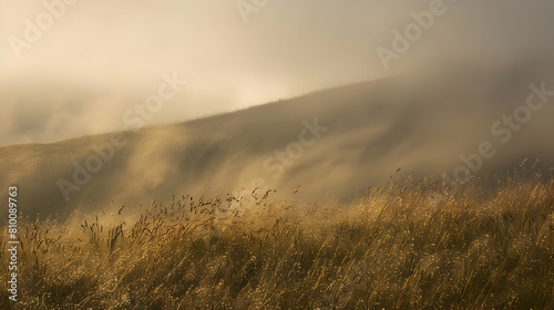 Early morning mist settling over the gentle slopes of chalk downs, with dew-covered grass shimmering in the sunrise