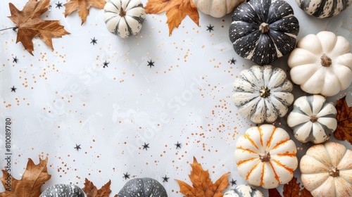  A table holds a collection of pumpkins, some white and others black or orange, arranged on top