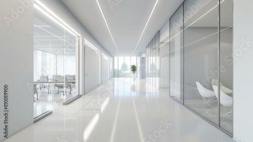Modern office corridor or hallway interior with empty space over the white wall and the meeting room hyper realistic 