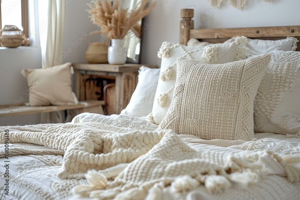 Boho style bedroom with pillows Boho style bedroom with pillows
