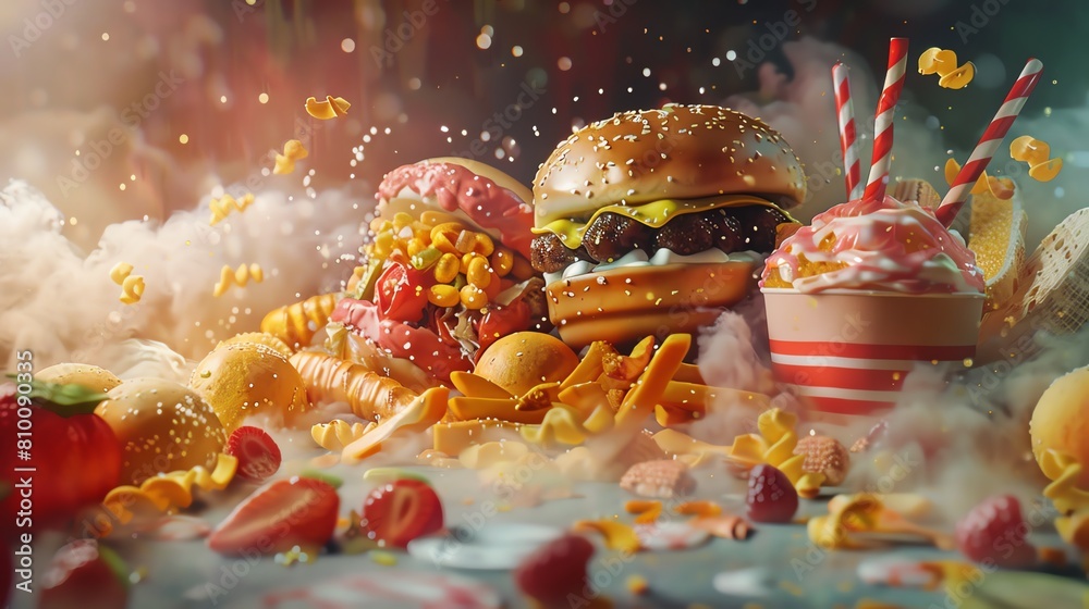 Fast food in a colorful and vibrant setting, with a focus on a delicious-looking burger, fries, and milkshake. The image should be visually appealing and make the viewer hungry. Fast food in a colorful and vibrant setting, with a focus on a delicious-looking burger, fries, and milkshake. The image should be visually appealing and make the viewer hungry.
