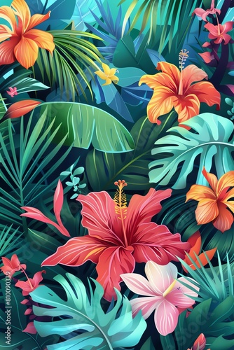 Vibrant tropical flowers and leaves. hibiscus  anthurium  palm leaves. Create a seamless pattern. For textile  wallpaper  wrapping paper.