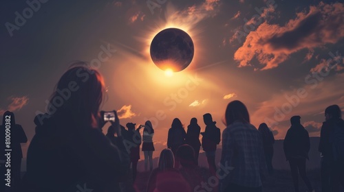 People witnessing total solar eclipse in sky. Concept of people, weather, science and space. hyper realistic 