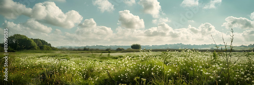 Early spring in the fenlands, showcasing budding greenery and wildflowers with a backdrop of distant, soft rolling hills