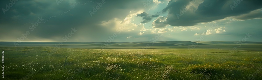 Expansive steppes under a stormy sky, the grass rippling in the wind, and a distant thunderstorm brewing on the horizon